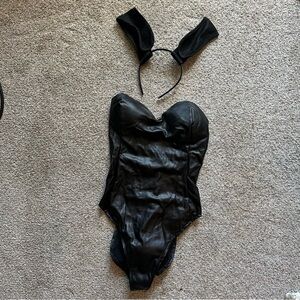 Black Faux Leather Strapless Bunny Bodysuit with Ears